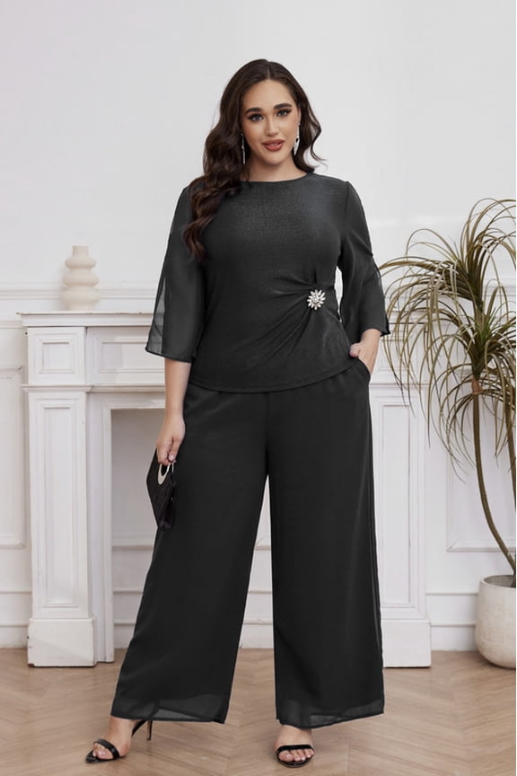 Plus Size 2-Piece Formal Pants Set, Sparkle Top with Chiffon Sleeves & Wide Leg Trousers