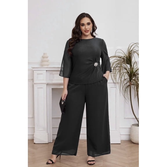 NAYTOAO Plus Size 2-Piece Formal Pants Set, Sparkle Top with Chiffon Sleeves & Wide Leg Trousers