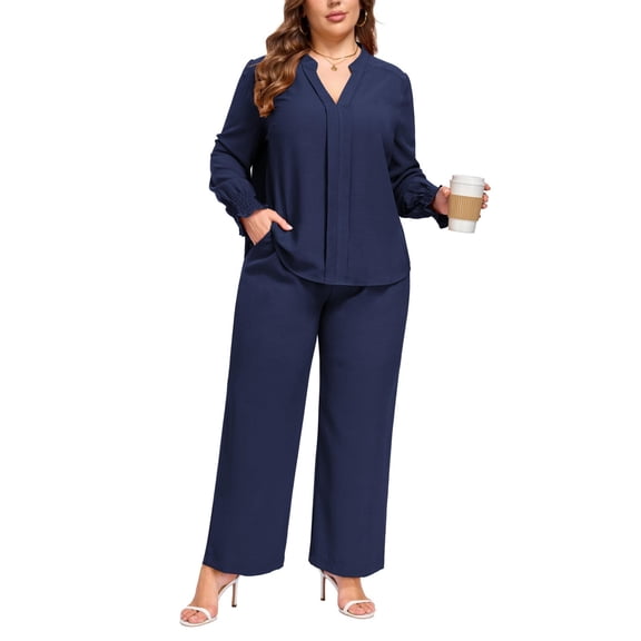 NAYTOAO Plus Size 2 Piece Semi Formal Pant Set, V Neck Long Sleeve Shirred Cuff Top with Stretchy Elastic Waist Wide Leg Pants