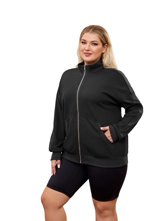 Plus Size Waffle Knit Zip up Jacket for Women, Long Sleeve Stand Collar Casual Outerwear with Pockets