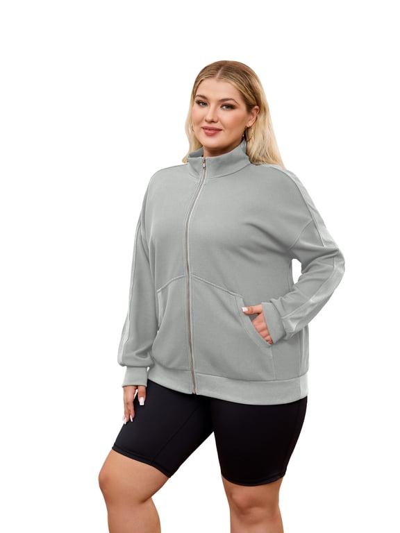 Plus Size Waffle Knit Zip up Jacket for Women, Long Sleeve Stand Collar Casual Outerwear with Pockets
