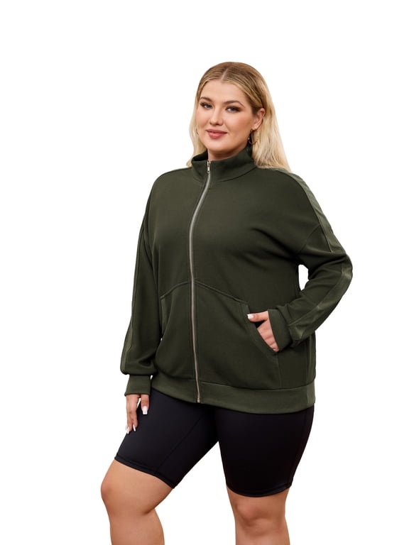 Plus Size Waffle Knit Zip up Jacket for Women, Long Sleeve Stand Collar Casual Outerwear with Pockets