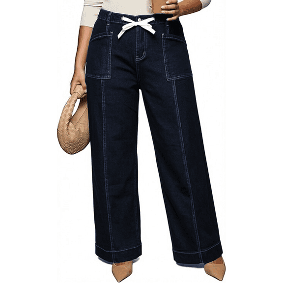NAYTOAO Plus Size Wide Leg Denim Jeans for Women, Elastic Waist Drawstring Casual Pants with Front Patch Pockets