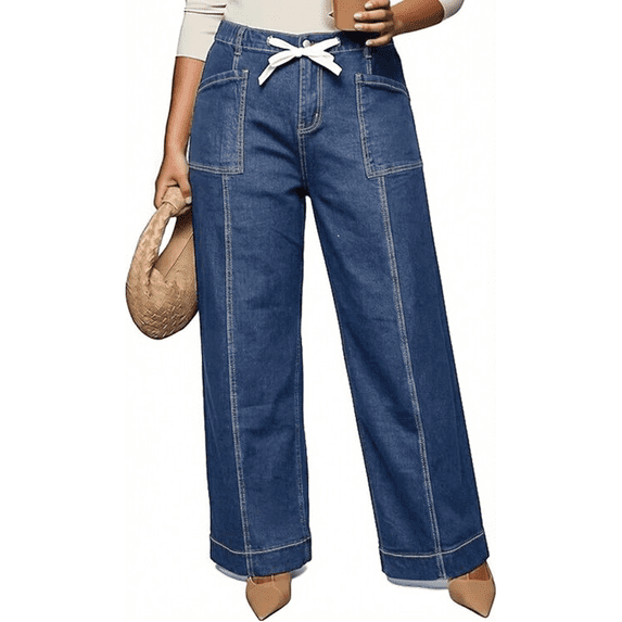 NAYTOAO Plus Size Wide Leg Denim Jeans for Women, Elastic Waist Drawstring Casual Pants with Front Patch Pockets