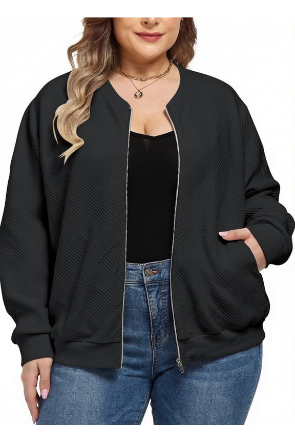 Women Plus Size Casual Zip Up Bomber Jacket Streetwear Outerwear