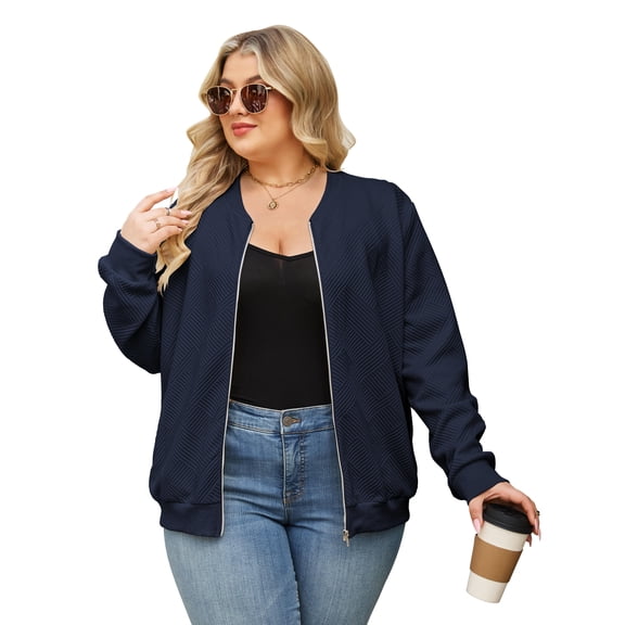 NAYTOAO Women's Plus Size Jacket: Full‑Zip Long Sleeve Knit Bomber Jacket, Casual Lightweight Streetwear with Pockets for All‑Season Wear