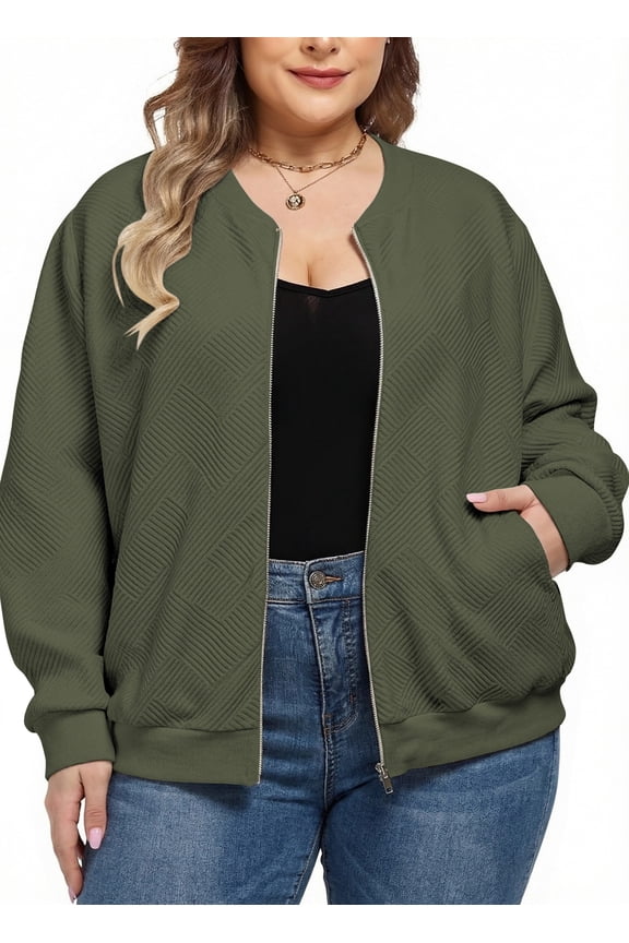 Women Plus Size Casual Zip Up Bomber Jacket Streetwear Outerwear