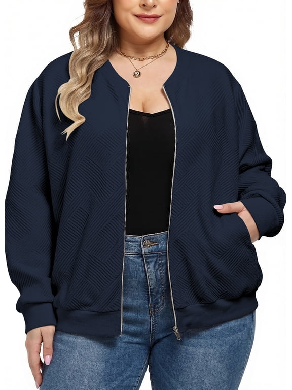 Women's Plus Size Bomber Jacket, Relaxed Fit Textured Long Sleeve Zip‑Up Outerwear with Pockets for Spring Fall