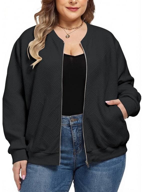 Women's Plus Size Bomber Jacket, Relaxed Fit Textured Long Sleeve Zip‑Up Outerwear with Pockets for Spring Fall