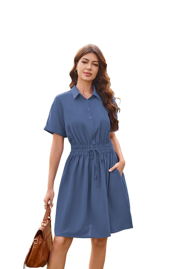 Summer Button Mini Shirt Dresses for Women V Neck Short Sleeve Petite Work Casual Smocked Empire Waist Dress Pockets