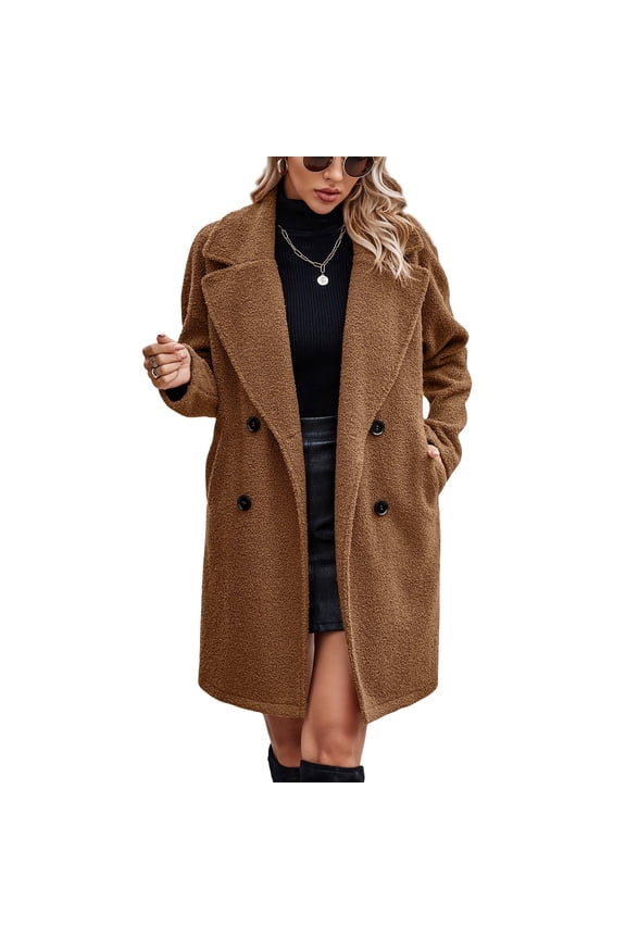 Winter Warm Coats for Women Long Sherpa Coat Fuzzy Faux Fur Trench Jackets Lapel Open Front Button Fleece Cardigan