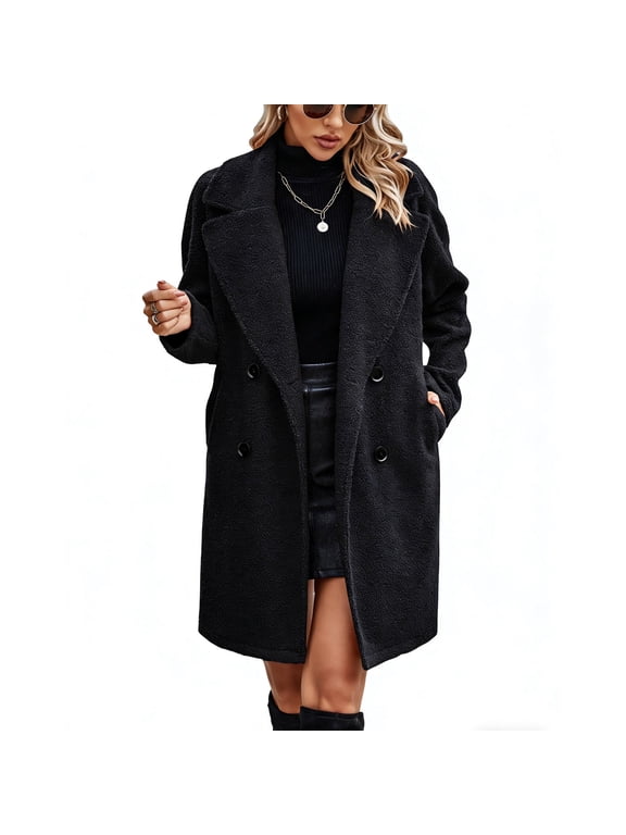 Winter Warm Coats for Women Long Sherpa Coat Fuzzy Faux Fur Trench Jackets Lapel Open Front Button Fleece Cardigan