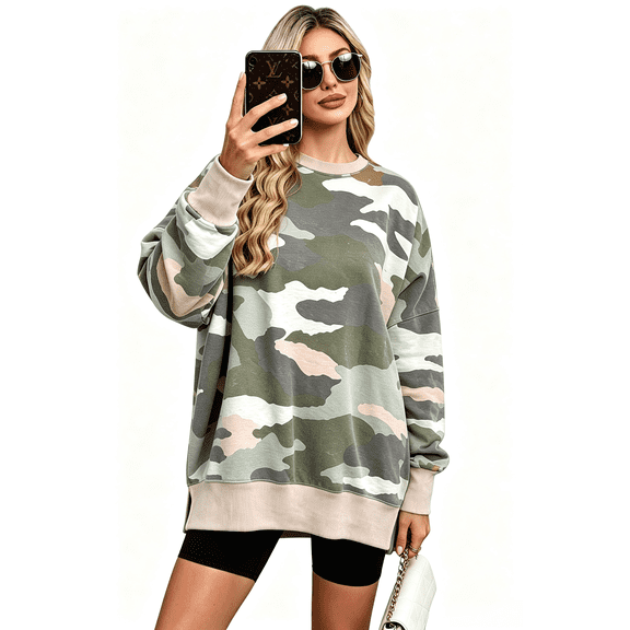 NAYTOAO Women Camo Print Crew Neck Long Sleeve Sweatshirt, Loose Side Slit Tunic Pullover Top, Casual Back To School Fall Loose Fit Sweatshirt