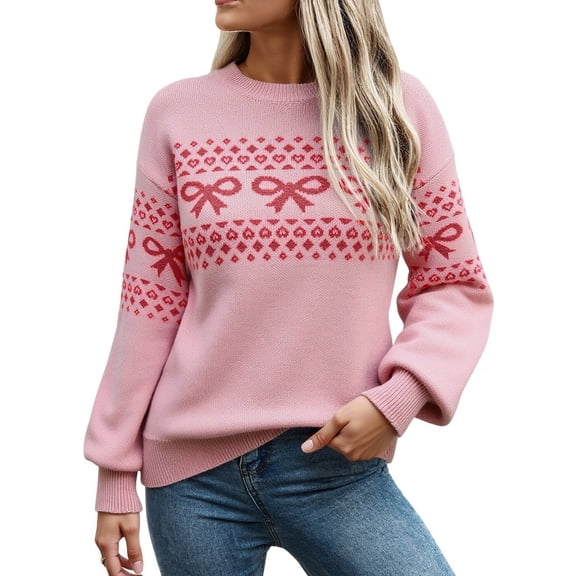 NAYTOAO Women Christmas Bow Sweater Long Sleeve Knit Tops Crew Neck Jumper Pullover Plus Size Fall Winter Outfit