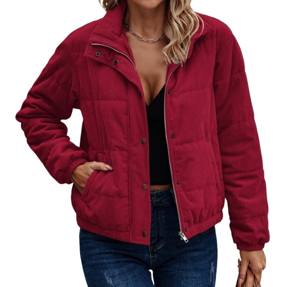 NAYTOAO Women Corduroy Puffer Jacket Stand Collar Zip Up Short Quilted Winter Coat with Pockets