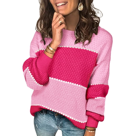 NAYTOAO Women's Color Block Striped Bubble Textured Crew Neck Lantern Sleeve Sweater