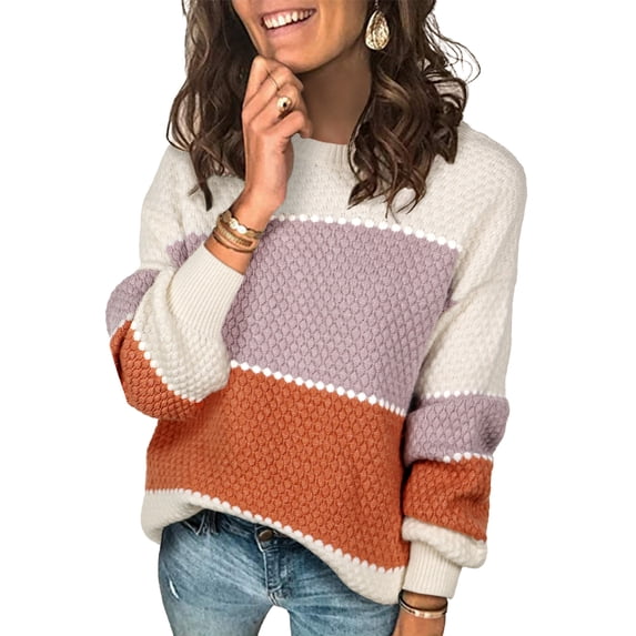 NAYTOAO Women's Color Block Striped Bubble Textured Crew Neck Lantern Sleeve Sweater