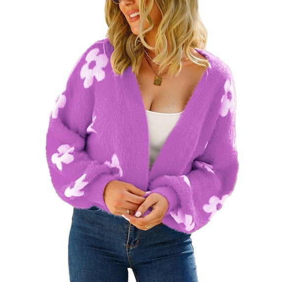 NAYTOAO Women Daisy Print Knit Sweaters Floral Cropped Cardigan Fall Winter Long Sleeve Open Front Casual Outerwear
