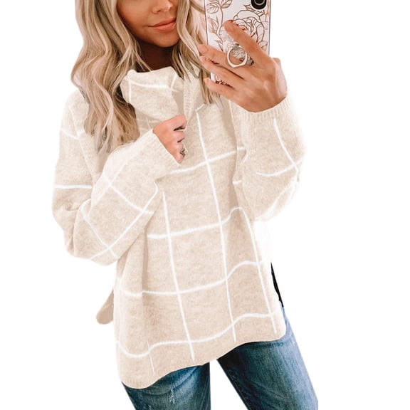 NAYTOAO Women Fall Pullover Sweater Turtleneck Plaid Long Sleeve Loose Casual Chunky Checked Knit Winter Sweaters Jumper Tops Beige S