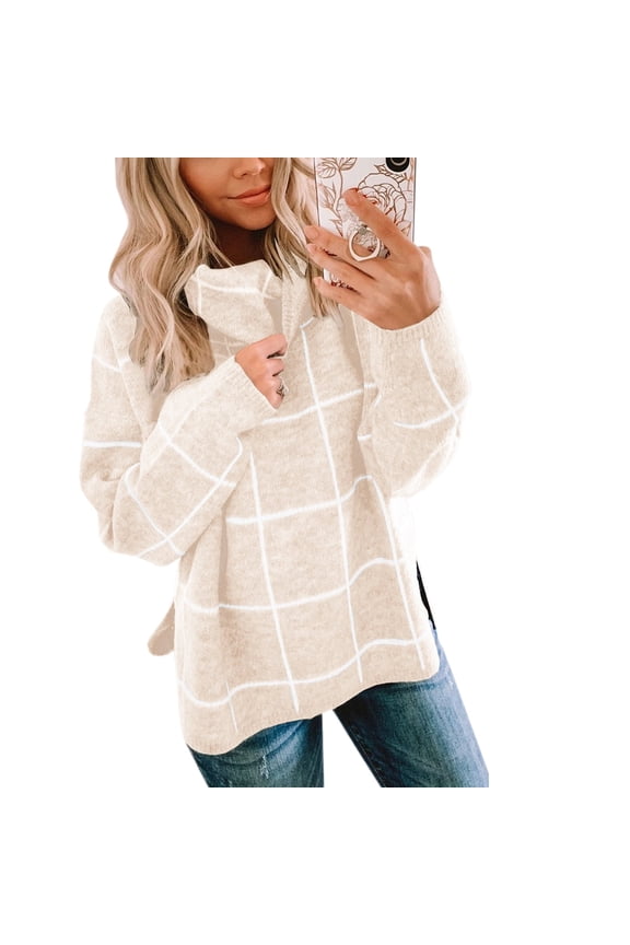 Women Fall Pullover Sweater Turtleneck Plaid Long Sleeve Loose Casual Chunky Checked Knit Winter Sweaters Jumper Tops Beige XL