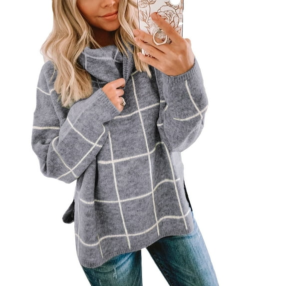 NAYTOAO Women Fall Pullover Sweater Turtleneck Plaid Long Sleeve Loose Casual Chunky Checked Knit Winter Sweaters Jumper Tops Gray S