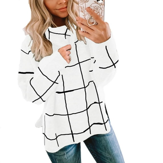 NAYTOAO Women Fall Pullover Sweater Turtleneck Plaid Long Sleeve Loose Casual Chunky Checked Knit Winter Sweaters Jumper Tops White M