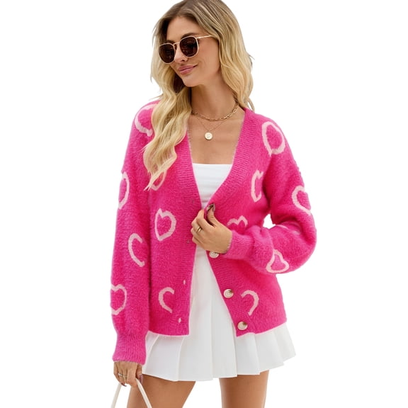 NAYTOAO Women Heart Print Cropped Cardigan Fall Long Sleeve V-Neck Open Front Knit Sweaters Casual Outerwear