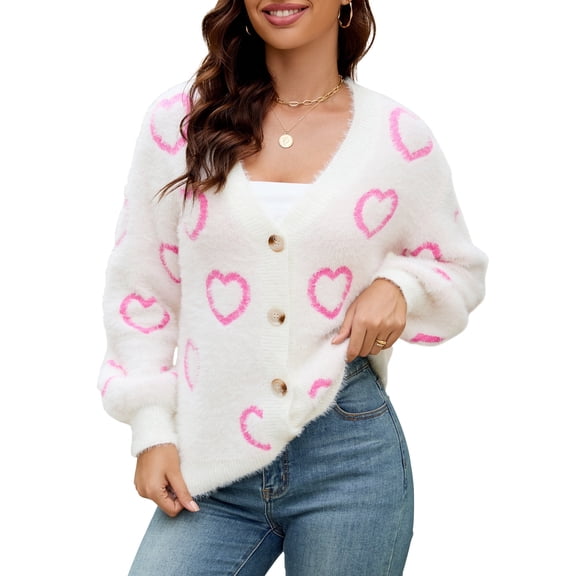NAYTOAO Women Heart Print Cropped Cardigan Fall Long Sleeve V-Neck Open Front Knit Sweaters Casual Outerwear