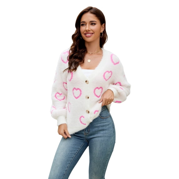 NAYTOAO Women Heart Print Fuzzy Knit Button Down Cardigan, V Neck Long Sleeve Sweater Outerwear, Casual Fall Knit Jacket