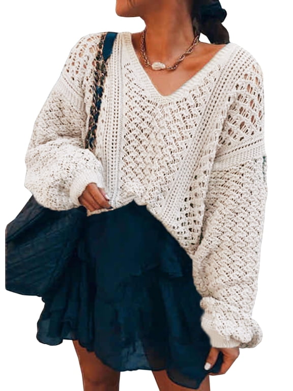 Women Hollow Out Crochet V Neck Batwing Sleeve Boho Knit Sweater