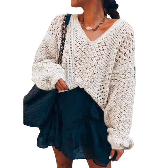 NAYTOAO Women Hollow Out Crochet V Neck Batwing Sleeve Boho Knit Sweater