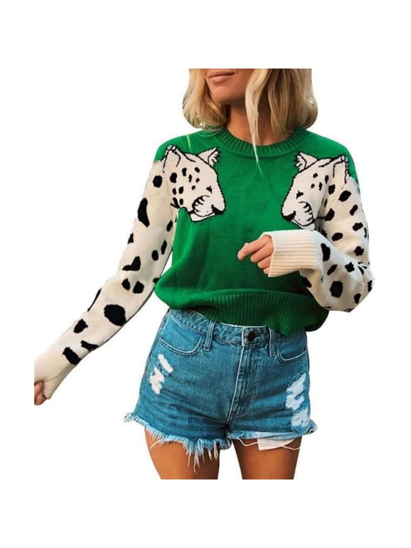 Women Leopard Print Long Sleeve Crew Neck Knit Pullover Sweater