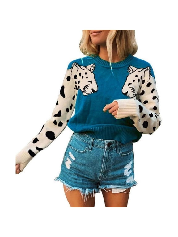 Women Leopard Print Long Sleeve Crew Neck Knit Pullover Sweater