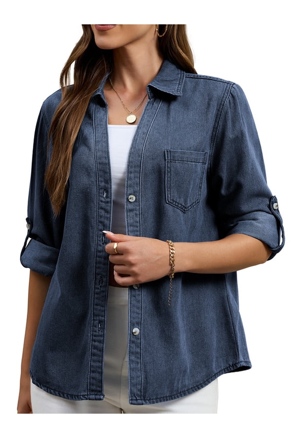 Women Oversized Washed Denim Shirt, Roll Tab Sleeve Button Down Pocket Casual Jean Shacket