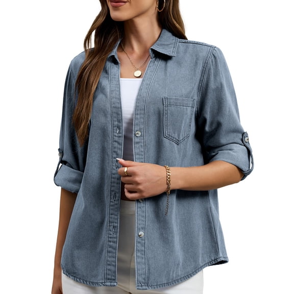 NAYTOAO Women Oversized Washed Denim Shirt, Roll Tab Sleeve Button Down Pocket Casual Jean Shacket