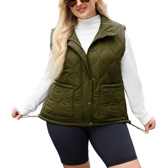 NAYTOAO Women Plus Size Quilted Puffer Vest for Women, Water‑Resistant Stand Collar Sleeveless Gilet with Pockets & Drawstring Hem