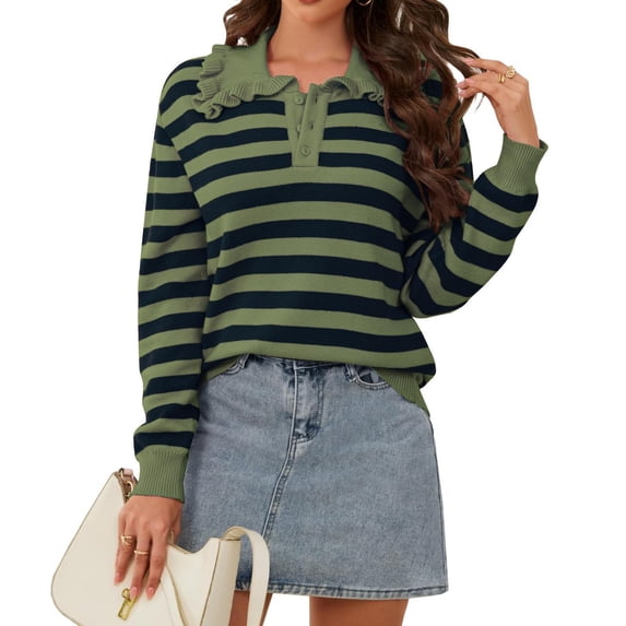 NAYTOAO Women Ruffle Collar Polo Knit Sweater Long Sleeve Button Pullover