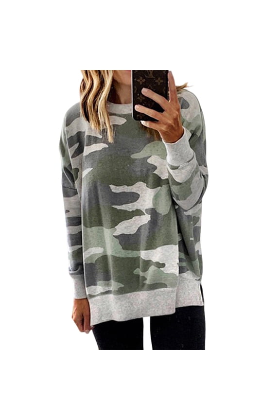 Women Side Split Sweatshirt: Crewneck Long Sleeve Oversized Camo Shirts Casual Camouflage Print Pullover Tops Gray Green M
