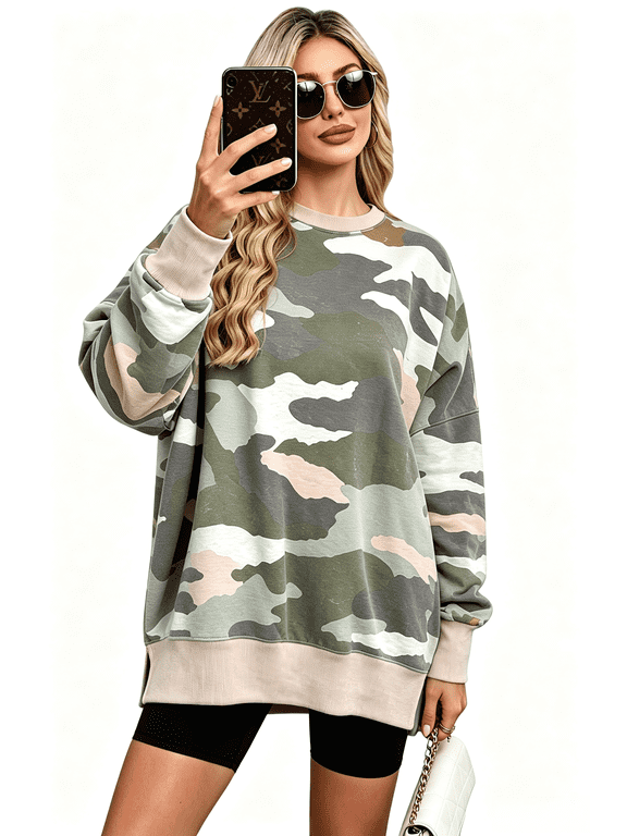 Women Camo Print Crew Neck Long Sleeve Sweatshirt, Loose Side Slit Tunic Pullover Top, Casual Back To School Fall Loose Fit Sweatshirt