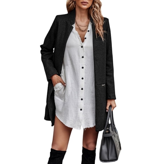 NAYTOAO Women Stand Collar Mid Length Open Coat with Zipper Pockets