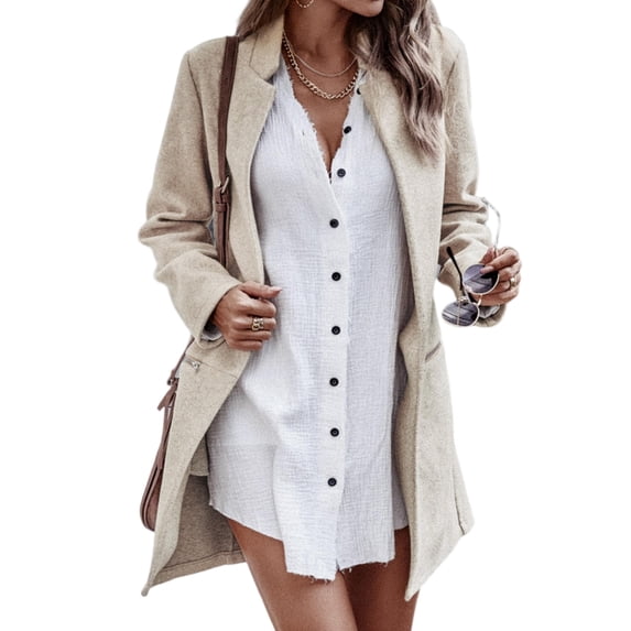 NAYTOAO Women Stand Collar Mid Length Open Coat with Zipper Pockets