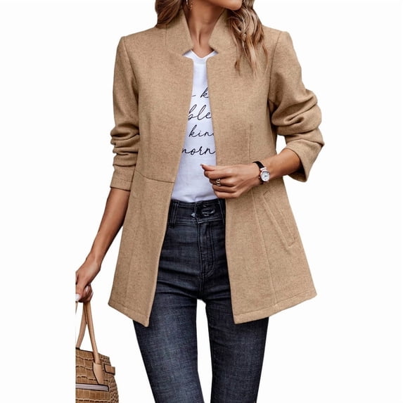NAYTOAO Women Stand Collar Open Front Long Sleeve Lined Wool Blend Coat Casual Outerwear