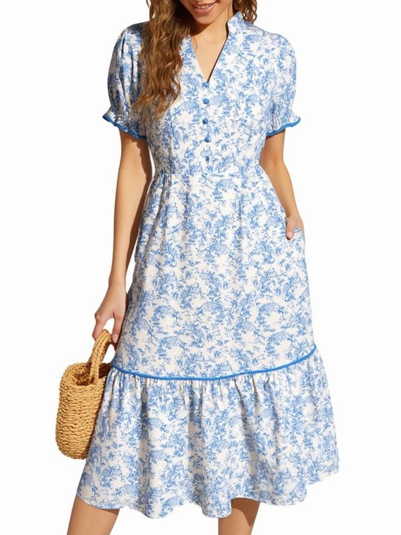 Women Stand Collar V Neck Midi Floral Dress, Puff Short Sleeve Color Piping Tiered Ruffle Hem Casual Summer Back To School Midi Dress