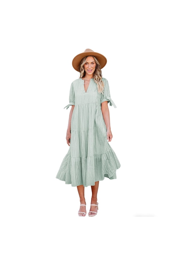 Women Summer Casual Dress V Neck Short Sleeve Gingham Midi Pleated Tiered Loose Fit Holiday Picnic Dresses Green S