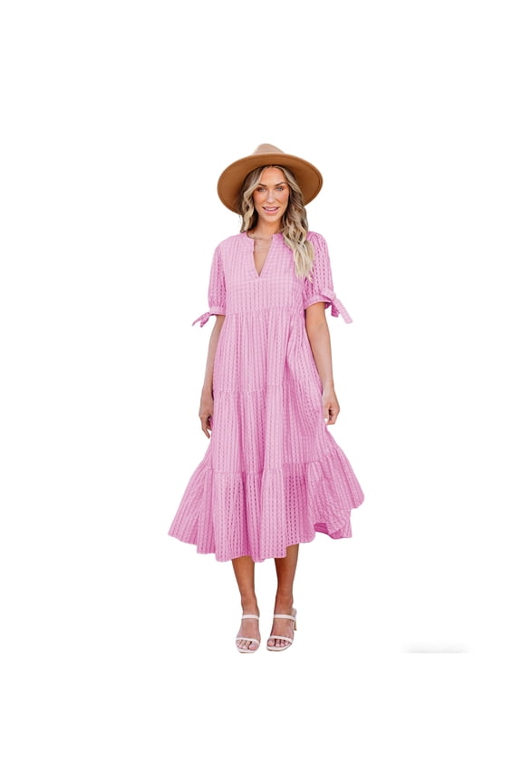 Women Summer Casual Dress V Neck Short Sleeve Gingham Midi Pleated Tiered Loose Fit Holiday Picnic Dresses Hot Pink S