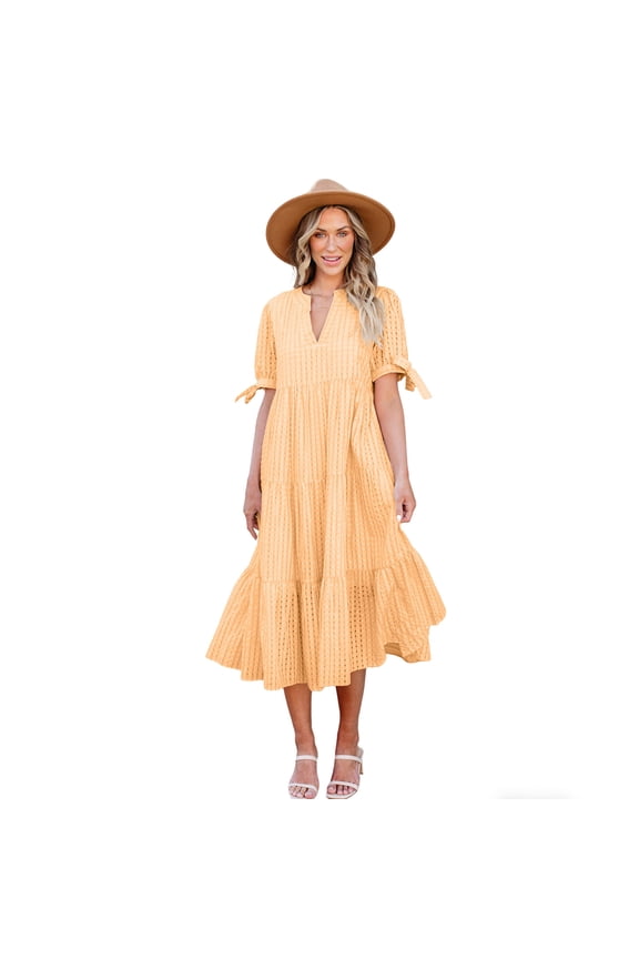 Women Summer Casual Dress V Neck Short Sleeve Gingham Midi Pleated Tiered Loose Fit Holiday Picnic Dresses Orange L
