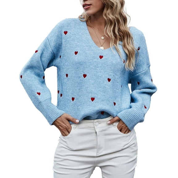 NAYTOAO Women Valentine Heart Sweater V Neck Embroidery Knit Casual Long Sleeve Ribbed Pullover Fall Winter Sweaters