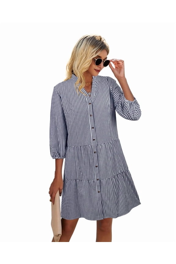 Women's 3/4 Sleeve Gingham V-Neck Button Down Tiered Ruffle Shirt Dress with Pockets, XS-2XL