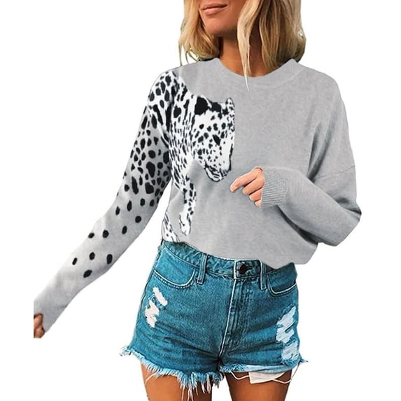 NAYTOAO Women's Asymmetric Leopard Cheetah Print Crew Neck Knit Pullover