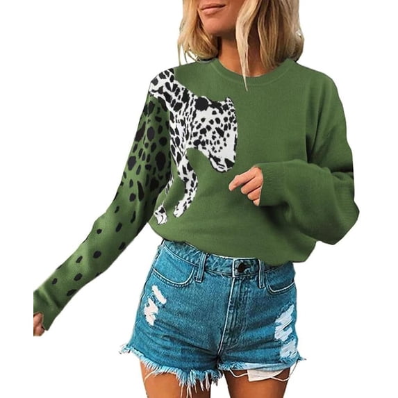 NAYTOAO Women's Asymmetric Leopard Cheetah Print Crew Neck Knit Pullover